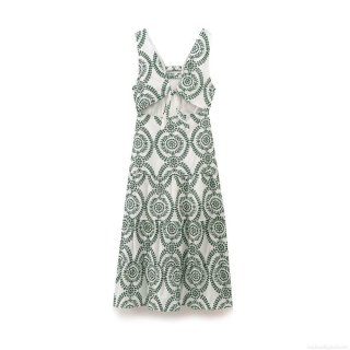 Women's White and Green Embroidery Midi Dress V Neck Sleeveless Hollow Out Tie Waist Tiered Cake Skirt Summer Boho Cotton Blend Casual Dress for Women