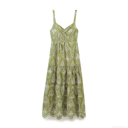 Women Bohemian Cami Midi Dress Cotton Embroidery Hollow Out V Neck Layered Cake Skirt Summer Beach Vacation Elegant Slim Fit A-Line Sling Dress