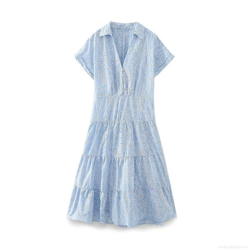 Women Light Blue 100% Cotton Eyelet Embroidered Midi Dress Short Raglan Sleeve Lapel V-Neck Button Down Hollow Out Tiered Cake Skirt Boho Summer Casual Vacation Fashion Outfits