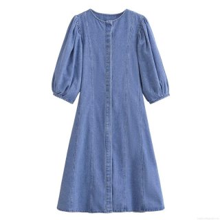 Women's Denim Midi Dress Round Neck Long Puff Sleeve Single Breasted Retro Washed Cotton Blend A-Line Streetwear Fashion Dress for Women Casual Daily Wear
