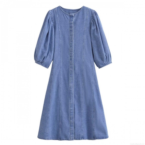 Women's Denim Midi Dress Round Neck Long Puff Sleeve Single Breasted Retro Washed Cotton Blend A-Line Streetwear Fashion Dress for Women Casual Daily Wear
