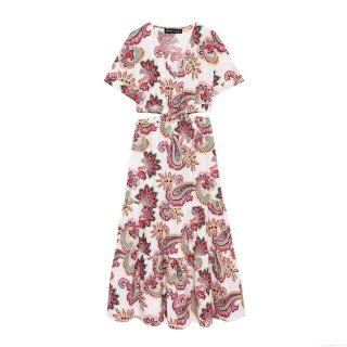 Women's V Neck Hollow Out Waist Paisley Print Maxi Dress Bohemian Tiered Ruffle Short Sleeve Summer Beach Vacation Long Dress