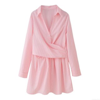 Women's European Style V-Neck Long Sleeve Pleated Shirt Dress Pink White Striped Midi Dress Polyester Blend Elegant Slim Fit Dresses For Spring Summer