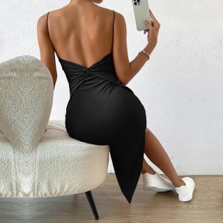 Sexy Backless Midi Dress Viscose Spandex Slim Fit Side Split Camisole Hip-Wrap Bodycon Dress For Party Evening Club Women
