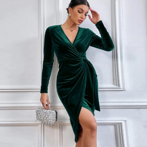 Women Elegant Sexy Velvet Midi Dress V Neck Long Sleeve Bodycon Party Gown With Irregular Slit Ruched Wrap Cocktail Dress For Banquet Wedding Dating