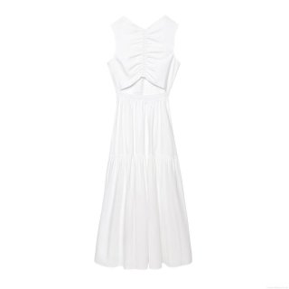 Women's Sleeveless Round Neck White Midi Dress Summer Casual Street Style A-Line Tiered Cake Dress With Pleated Cut-Out Detail Solid Color Polyester Blend Fashion Dress