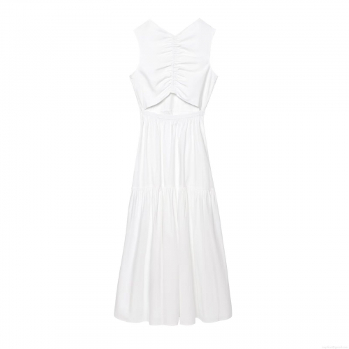 Women's Sleeveless Round Neck White Midi Dress Summer Casual Street Style A-Line Tiered Cake Dress With Pleated Cut-Out Detail Solid Color Polyester Blend Fashion Dress