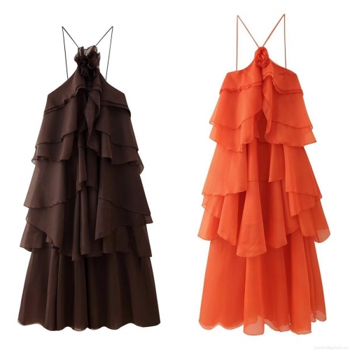 Women Fashion Halter Neck Tiered Midi Dress With 3D Flower Decoration Chic Layered Chiffon Cake Dress For Party Vacation Streetwear