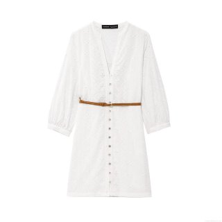 Women's Hollow Embroidery Shirt Dress Cotton Blend Long Sleeve Midi Dress With Brown Belt European Streetwear Style Single Breasted Casual White Party Dress