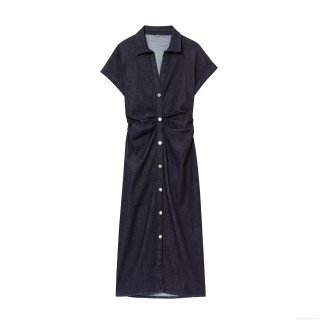 Women's Short Sleeve Single Breasted Denim Style Shirt Dress Ruched Waist Midi Polyester Casual Streetwear Dresses