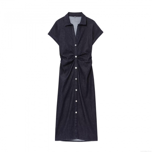 Women's Short Sleeve Single Breasted Denim Style Shirt Dress Ruched Waist Midi Polyester Casual Streetwear Dresses