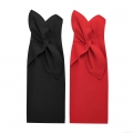 Women's Elegant Strapless Bow Knot Ruched Midi Dress Polyester Cotton Blend Sexy Bodycon Back Slit Party Evening Cocktail Dress