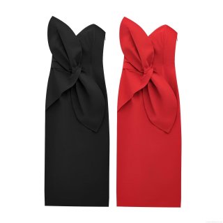 Women's Elegant Strapless Bow Knot Ruched Midi Dress Polyester Cotton Blend Sexy Bodycon Back Slit Party Evening Cocktail Dress