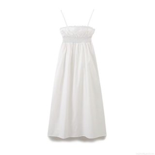 Women's Summer Casual Cotton Blend Slip Midi Dress With Embroidery Lace Trim Smocking Slim Fit A-Line Dress For Vacation Beach Women Clothing