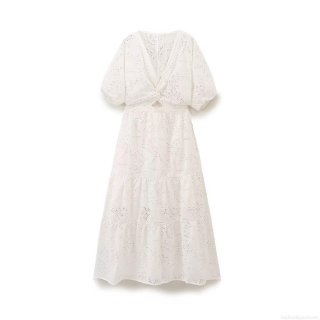 Women's White Hollow Out Embroidery Midi Dress Elegant V-Neck Puff Short Sleeve Bow Tiered Cake Dress Cotton Blend Summer Party Street Fashion Dress