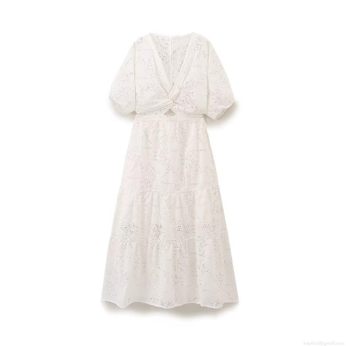 Women's White Hollow Out Embroidery Midi Dress Elegant V-Neck Puff Short Sleeve Bow Tiered Cake Dress Cotton Blend Summer Party Street Fashion Dress