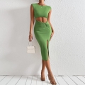 Women's Sexy Ribbed Knit Midi Dress Cut Out Knot Waist Sleeveless High Slit Bodycon Dress Solid Color Elegant Summer Vacation Outfits
