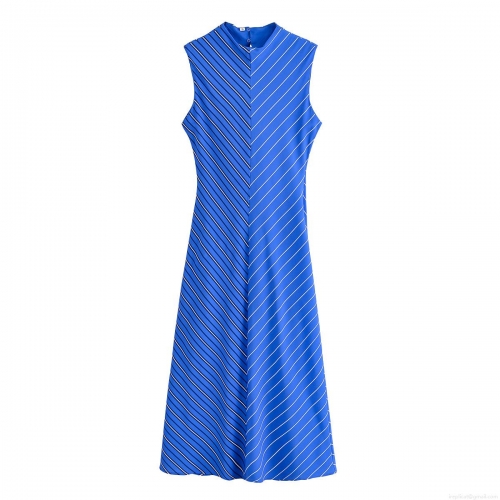 Summer Women Sleeveless Midi A-Line Dress Half-High Collar Diagonal Striped Zipper Decoration Polyester Woven Chic Street Style Casual Dress