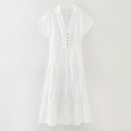 Women's Summer White Short Sleeve Embroidery Hollow Out Cotton Midi Dress Elegant V-Neck Wood Button Tiered Skirt Boho Vacation Sun Dress