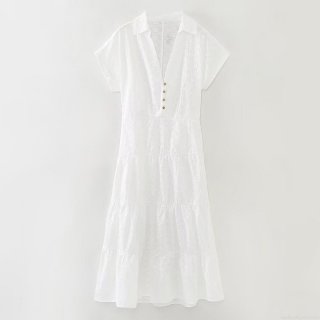 Women's Summer White Short Sleeve Embroidery Hollow Out Cotton Midi Dress Elegant V-Neck Wood Button Tiered Skirt Boho Vacation Sun Dress