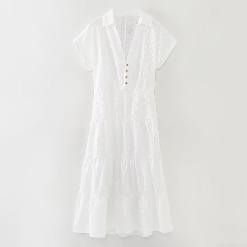Women's Summer White Short Sleeve Embroidery Hollow Out Cotton Midi Dress Elegant V-Neck Wood Button Tiered Skirt Boho Vacation Sun Dress