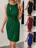 Women's Elegant Bodycon Midi Dress Sleeveless Cut Out Twist Front Ruched Knit Party Dress Cotton Polyester Blend Solid Color Summer Sundress For Ladies
