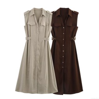 Women's Summer Sleeveless Shirt Dress European Single Breasted Waist Cinching Midi Dress With Belt Epaulets Flap Pockets Turn-down Collar Solid Color Casual Streetwear Office Lady Dress