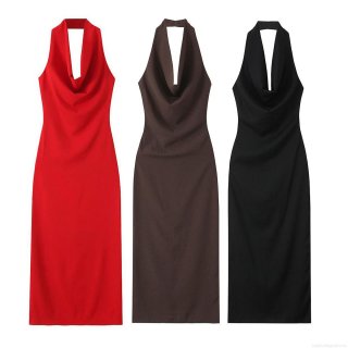 Women's Summer Cowl Neck Halter Dress Backless Pleated Slim Fit Midi Dress Sexy Solid Color Evening Party Dress