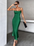 Elegant Emerald Green Satin Spaghetti Strap Midi Dress Sexy Backless Cowl Neck Solid Color Slim Fit Evening Gown For Women Party Banquet