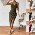 Women's Sexy Sleeveless V-Neck Crossover Knot Ribbed Knit Midi Dress Slim Fit Backless High Slit Ruched Bodycon Party Evening Vacation Dress