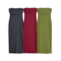 Women's Strapless Tube Top Midi Dress Ribbed Pleated Bodycon Split Hem Off-Shoulder Cotton Blend Summer Sundress For Party Streetwear
