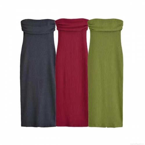 Women's Strapless Tube Top Midi Dress Ribbed Pleated Bodycon Split Hem Off-Shoulder Cotton Blend Summer Sundress For Party Streetwear