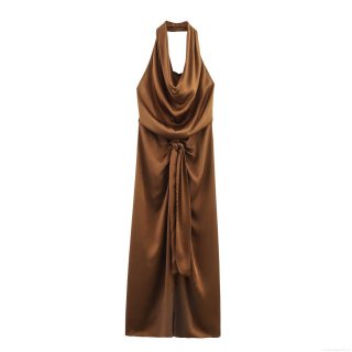 Women's Cowl Neck Halter Dress Satin Polyester Backless Midi Dress For Party Wedding Guest Date Evening Elegant Street Style