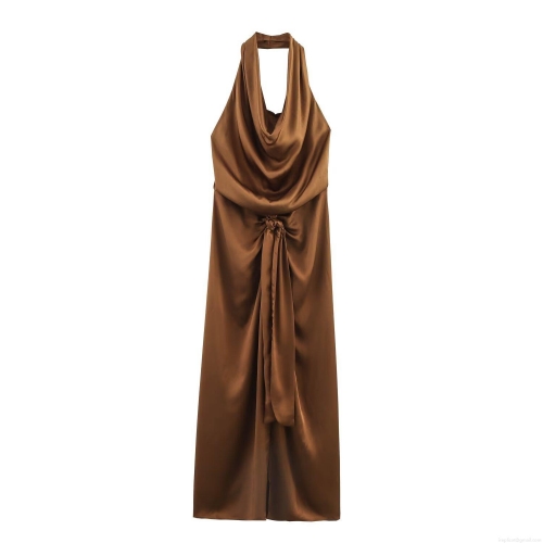 Women's Cowl Neck Halter Dress Satin Polyester Backless Midi Dress For Party Wedding Guest Date Evening Elegant Street Style