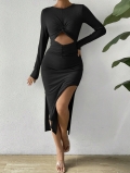 Women Sexy Long Sleeve Round Neck Cutout Knot Midi Dress Elegant High Slit Bodycon Ribbed Knit Party Evening Dress