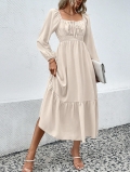 Women's Elegant Apricot Long Sleeve Square Neck Dress Polyester Spandex Smocked High Waist Ruffle Hem Midi Dresses For Commute Dating Party Ladies Fashion Clothing