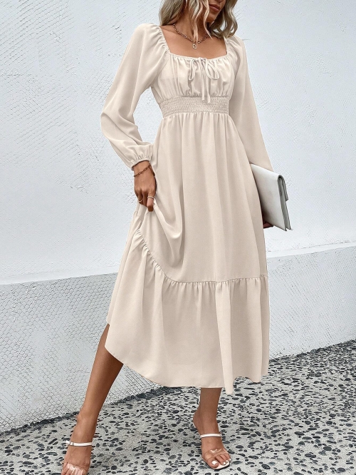 Women's Elegant Apricot Long Sleeve Square Neck Dress Polyester Spandex Smocked High Waist Ruffle Hem Midi Dresses For Commute Dating Party Ladies Fashion Clothing