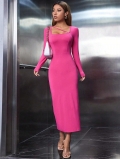Women Sexy Fuchsia Viscose Elastane Square Neck Bodycon Midi Dress Long Sleeve Asymmetric Strap Knitted Slit Party Tight Evening Dress Elegant Solid Color Slim Fit Clothing