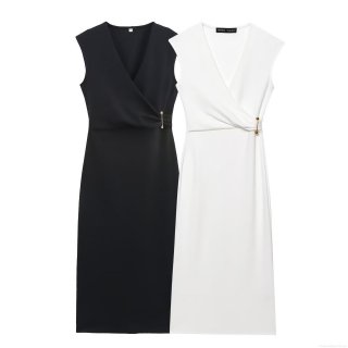 Women's V-Neck Sleeveless Cotton Midi Dress Casual Solid Wrap A-Line Dress With Metal Pin Decoration For Summer Party Office Street Fashion