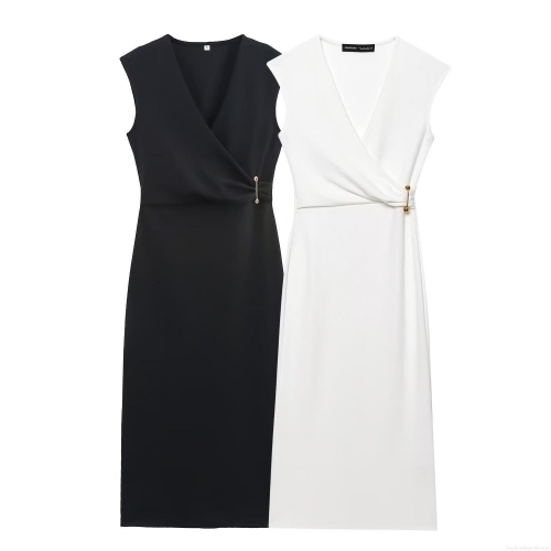 Women's V-Neck Sleeveless Cotton Midi Dress Casual Solid Wrap A-Line Dress With Metal Pin Decoration For Summer Party Office Street Fashion