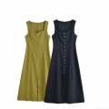 Women Summer Square Neck Sleeveless Midi A-Line Dress Single Breasted Solid Color Polyester Casual Streetwear Retro Fashion Daily Dress For Women