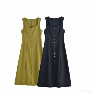 Women Summer Square Neck Sleeveless Midi A-Line Dress Single Breasted Solid Color Polyester Casual Streetwear Retro Fashion Daily Dress For Women