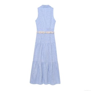Women's Sleeveless Polo Collar Linen Blend A-Line Midi Dress With Woven Belt Summer Casual Single Breasted Light Blue Solid Color Fashion Vest Dress