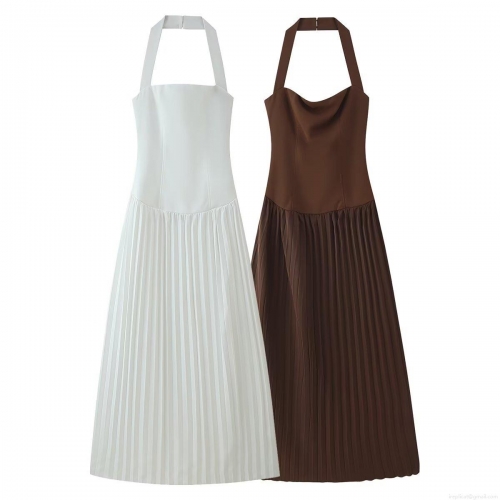 Women Sexy Backless Halterneck Pleated Maxi Dress European Street Style Sleeveless Splicing A-Line Long Dress For Party Vacation