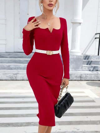 Elegant Square Neck Long Sleeve Ribbed Knit Midi Dress Women Slim Fit Bodycon Dress With Slit Waist Belt For Party Office Daily Wear