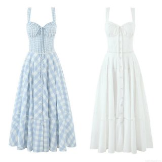 Women Summer Plaid Back Tie Camisole Dress Western Style Single Breasted A-Line Midi Dress For Vacation Dating Sleeveless Heart Neck Polyester Cotton Blend Sun Dress