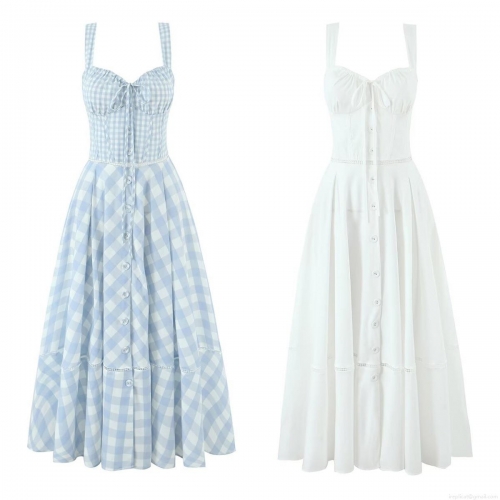 Women Summer Plaid Back Tie Camisole Dress Western Style Single Breasted A-Line Midi Dress For Vacation Dating Sleeveless Heart Neck Polyester Cotton Blend Sun Dress