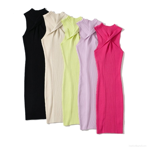Women's Summer Ribbed Knitted Sleeveless Twist Knot Midi Dress Slim Fit Elastic O-Neck Rayon Nylon Blend Bodycon Dress For Vacation Streetwear Daily
