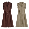 Women's Sleeveless Midi Shirt Dress Button Down Workwear Style With Pockets Lapel Collar Solid Color Slim Fit Polyester Dress For Summer Casual Daily Office