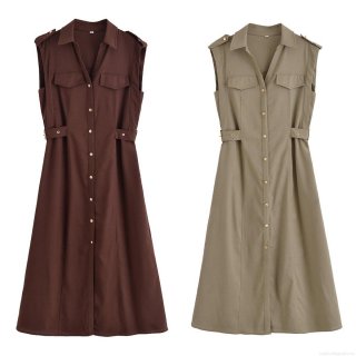 Women's Sleeveless Midi Shirt Dress Button Down Workwear Style With Pockets Lapel Collar Solid Color Slim Fit Polyester Dress For Summer Casual Daily Office